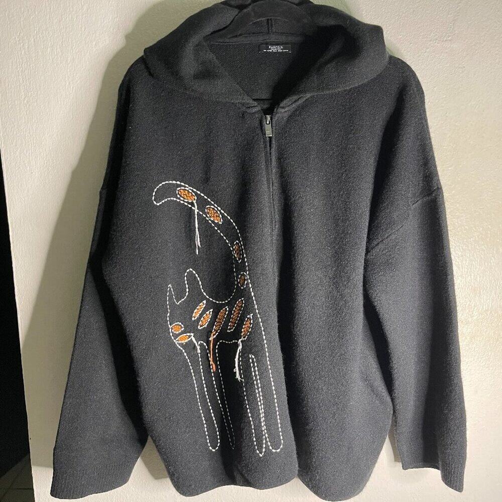 Parfois Black Cat Embroidered Oversized Zip Hoodie Cardigan M